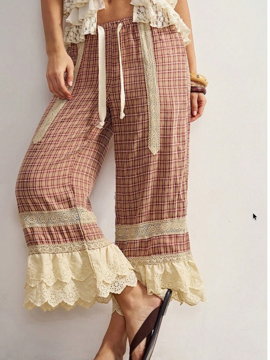 Pants - Boho Plaid print Eyelet Double Ruffe Stretchy Waist Bloomer Pants